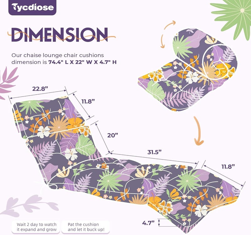 Tycdiose Outdoor Chaise Lounge Chair Cushion Waterproof 74.4 x 22 x 4.7 Inches Thickened Memory Foam Patio Lounge Chair Cushions Replacement for Outdoor Furniture with Ties, Purple Floral Leaf - Image 3